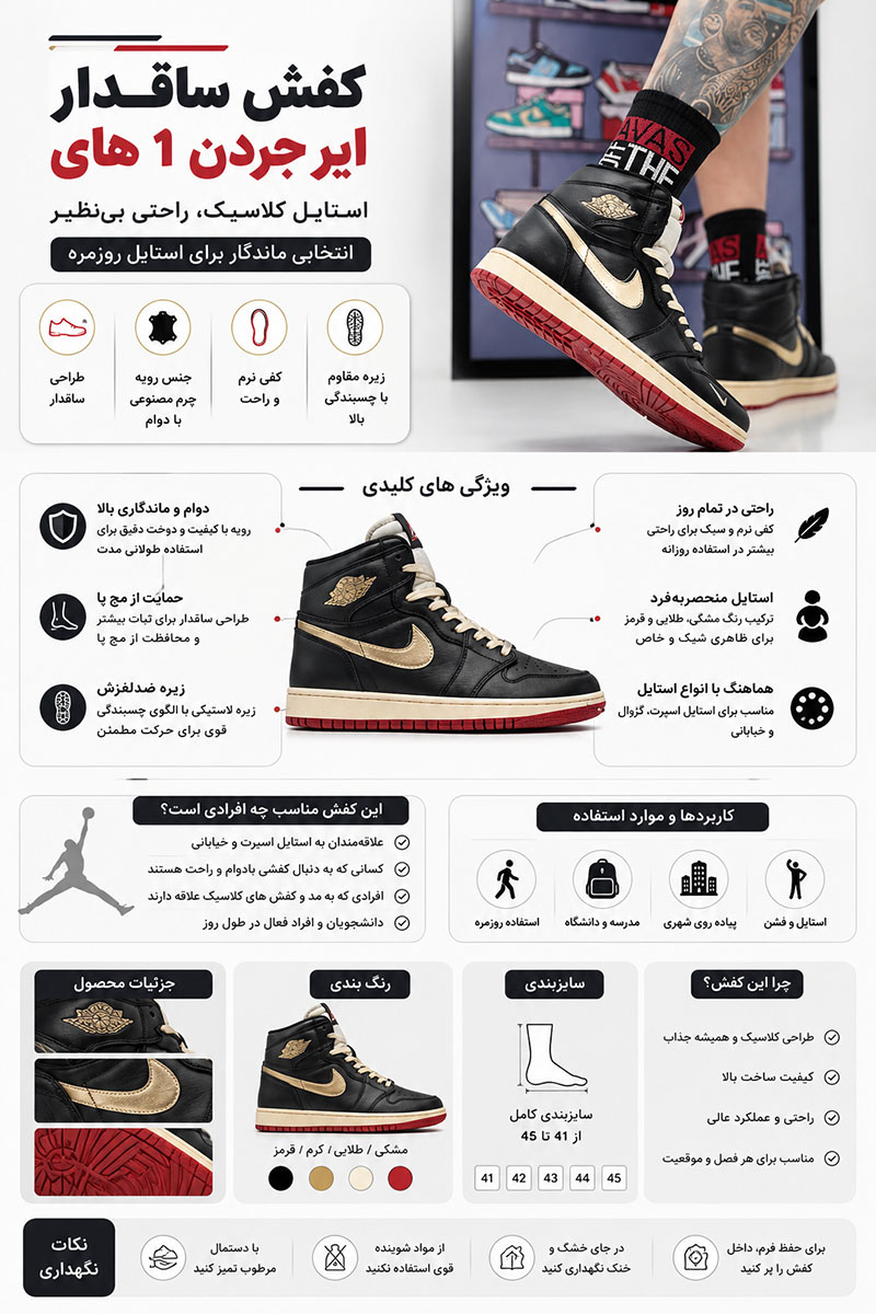 جردن1 ساقدار مشکی (بایک) (Jordan1 high Bike) مردانه