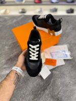 کتانی مردانه هرمس باونسینگ چرم و جیر مشکی سفید نارنجی (Hermès Bouncing Sneaker Black/Orang/White Suede & Leather) - Image 2