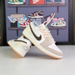 نایکی ایرجردن1 لو(بافت دار) کرم شکلاتی و خاکستری دخترانه Nike Air Jordan 1 Low "Lace" (Sail / Fossil / Dark Chocolate)